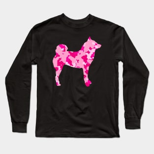 Lilly the Shiba Inu Silhouette - Pink Camo on Black Long Sleeve T-Shirt